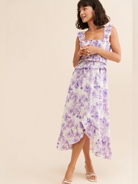 Especia 100% Cotton Lavender Floral Ruffle High- Low Midi Dress